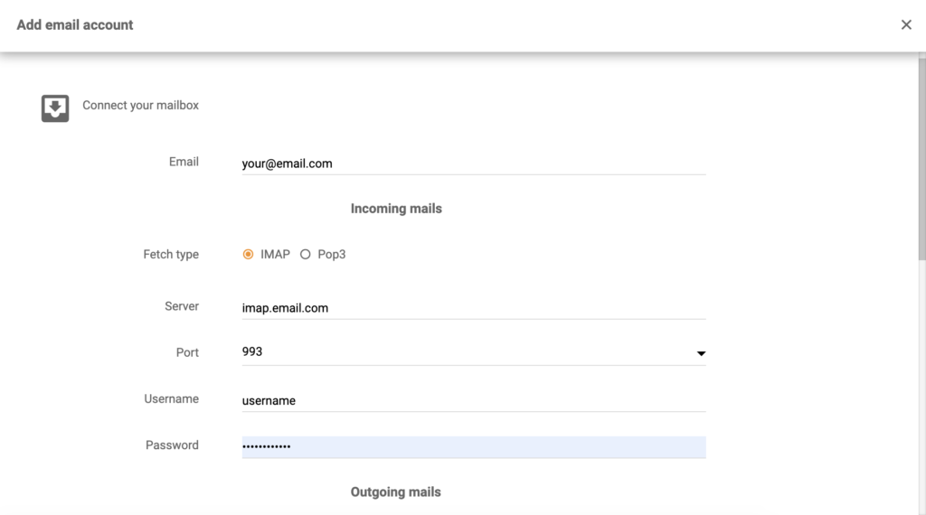 Dovecot-detaljer i LiveAgent-integrationskonfiguration
