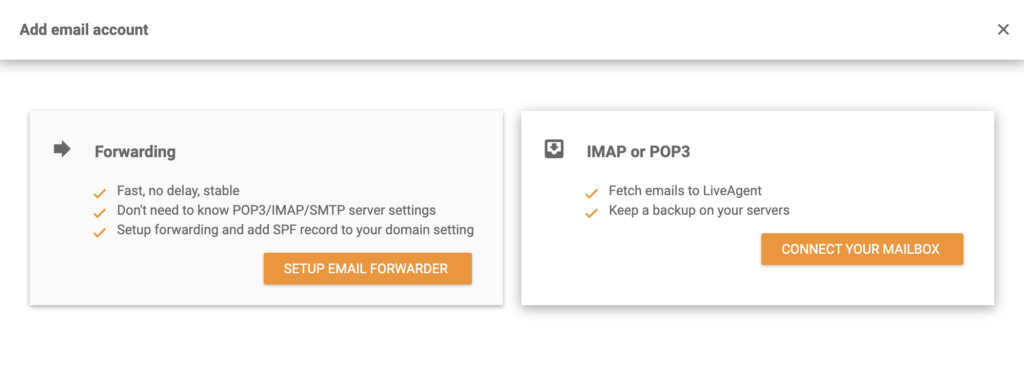 Valg mellem IMAP / POP3 og Forwarding i LiveAgent under IceWarp integration